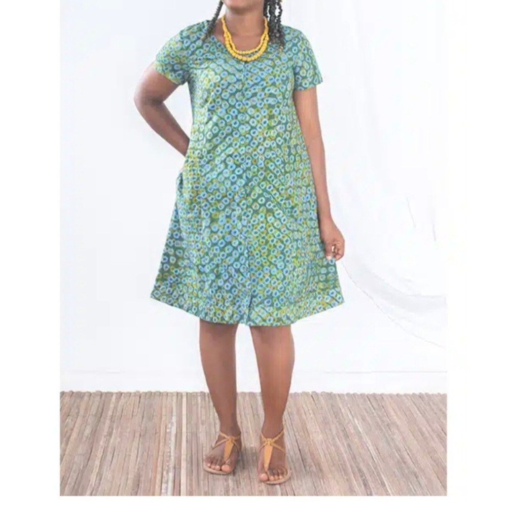 Global Mamas Organic Cotton Batik Dress Green Blue Discontinued Size Small